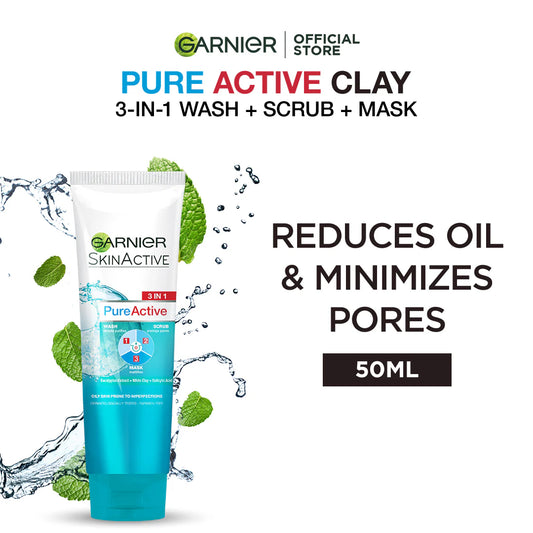 Garnier - Pure Active 3-in-1 Face Wash, Mask & Scrub - 50ml