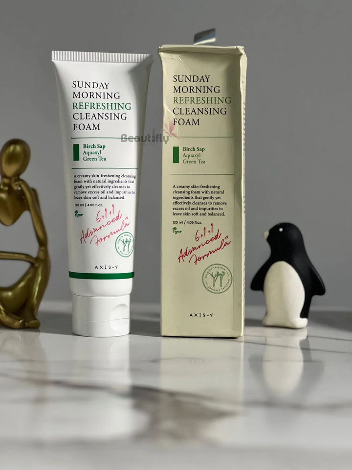Label detail showing “Refreshing Cleansing Foam 120 ml”

Tube + packaging side view