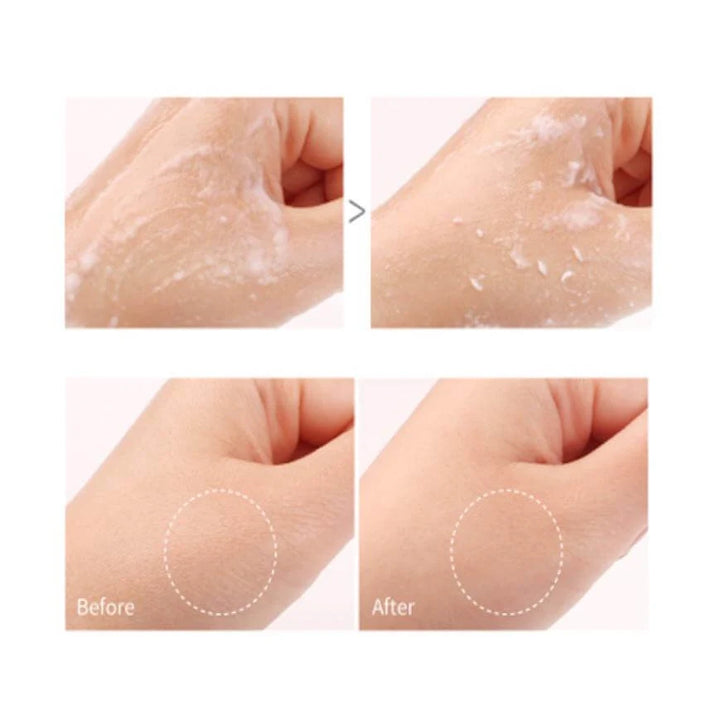 Close-up of peeling gel texture showing peeling particles on skin
Skin after rinse showing smoother, radiant texture