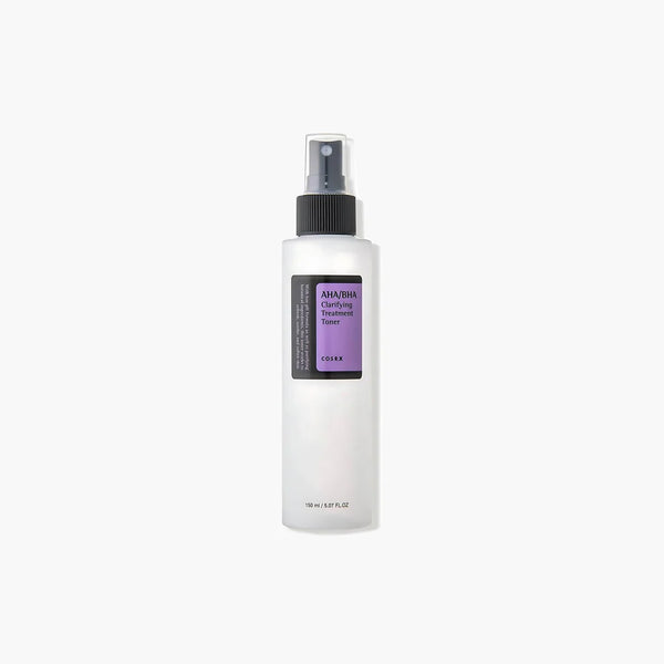 COSRX AHA BHA Clarifying Treatment Toner 150ml bottle with spray nozzle and purple label on a pastel background