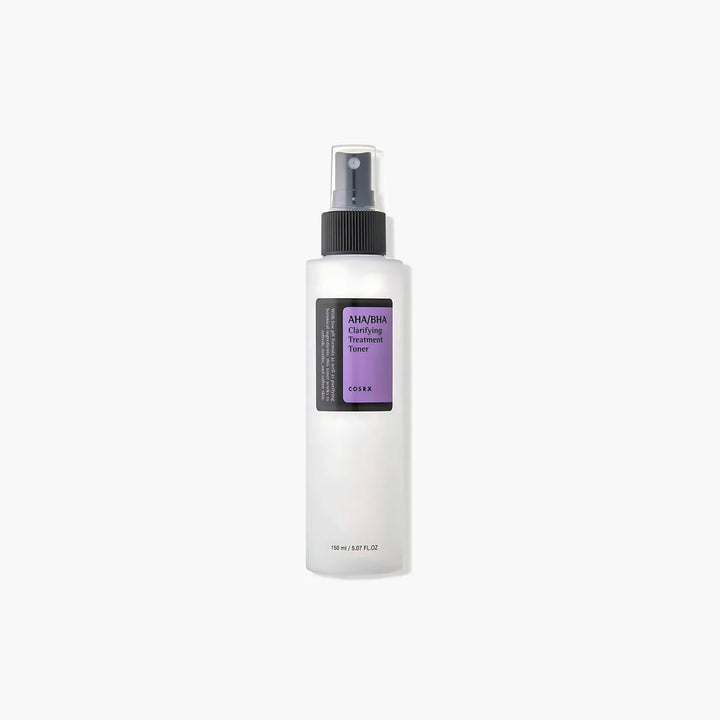 COSRX AHA BHA Clarifying Treatment Toner 150ml bottle with spray nozzle and purple label on a pastel background