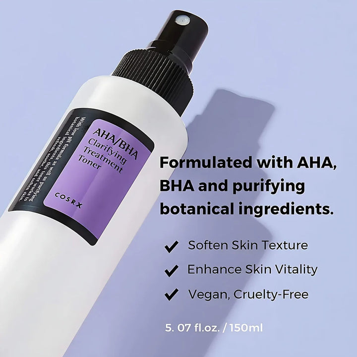 Flatlay of COSRX AHA BHA Clarifying Treatment Toner 150ml with other COSRX exfoliating liquids and packaging