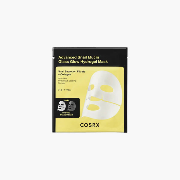 “COSRX Glass Glow Snail Hydrogel Mask sheet infused with 25% snail secretion filtrate”