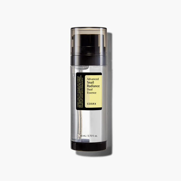 “COSRX Advanced Snail Radiance Dual Essence 80ml dual pump bottle on white background”
