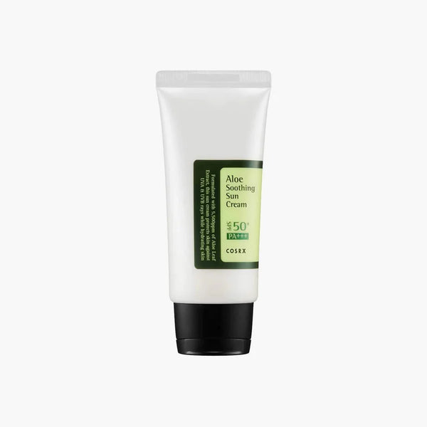 COSRX Aloe Soothing Sun Cream SPF50 PA+++ in a 50ml white tube with green label and black cap, standing upright on a plain background.