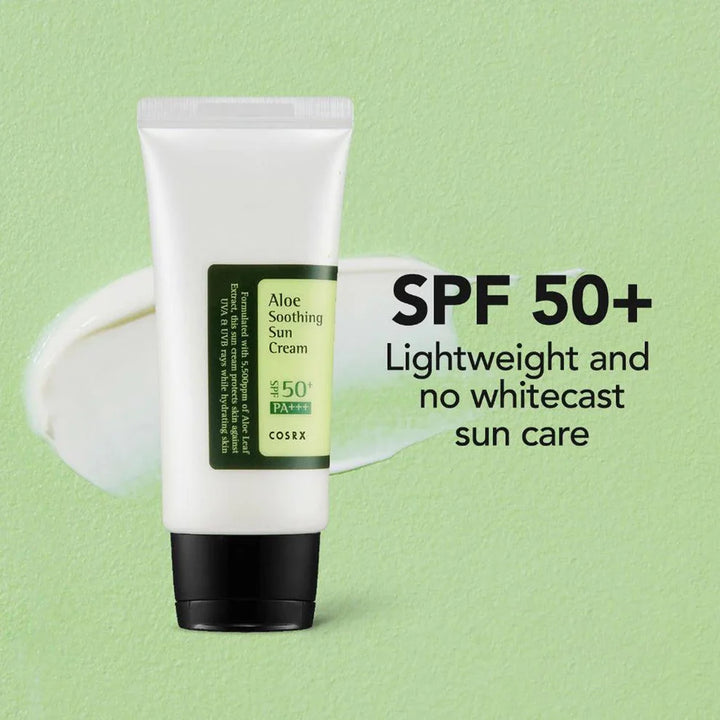 COSRX Aloe Soothing Sun Cream SPF50 PA+++ displayed against a green backdrop with cream texture behind it and text reading "SPF 50+ Lightweight and no whitecast sun care."