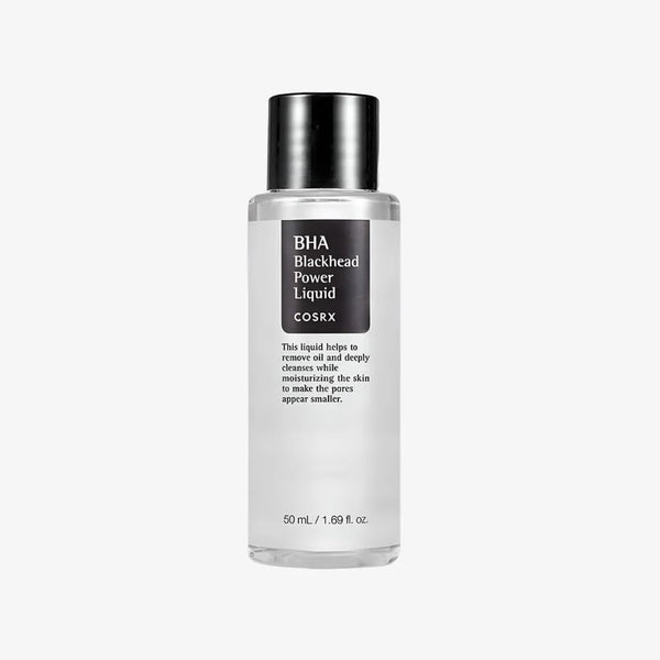 “COSRX BHA Blackhead Power Liquid 50ml bottle with label showing 4% BHA + niacinamide”
