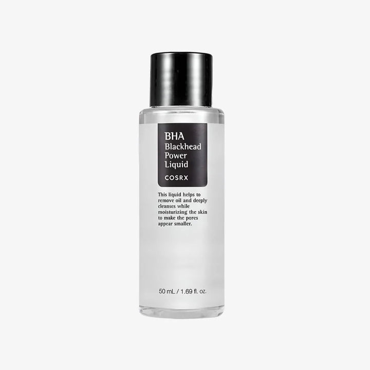 “COSRX BHA Blackhead Power Liquid 50ml bottle with label showing 4% BHA + niacinamide”