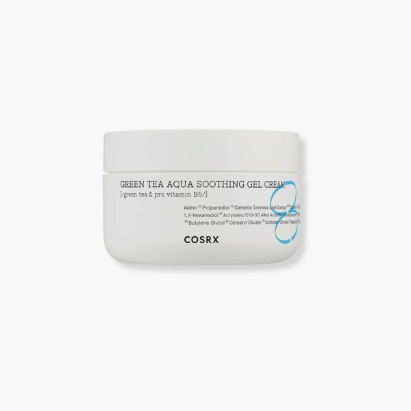 “COSRX Hydrium Green Tea Aqua Soothing Gel Cream 50ml jelly-gel texture on white background”