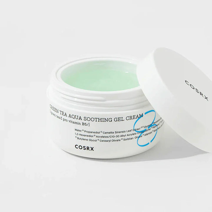 “Close-up of green-tinged gel cream from COSRX on hand showing cooling texture”