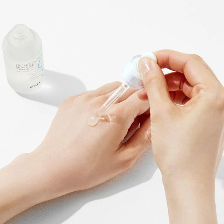 “Ampoule label showing ‘Triple Hyaluronic Acid’ + ‘Vitamin B5’ highlighting ingredients”