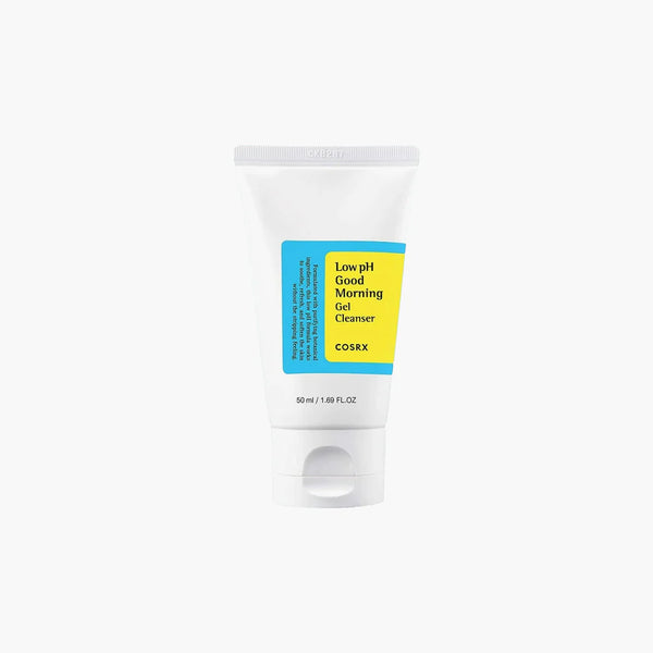 COSRX Low pH Good Morning Gel Cleanser 50ml white travel-size tube with blue and yellow label, standing upright on a white background.