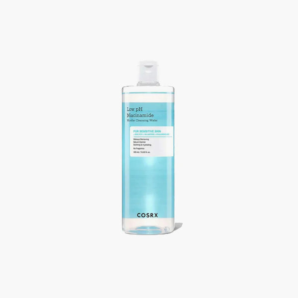 “COSRX Low pH Niacinamide Micellar Cleansing Water 100ml bottle with clear fluid background”