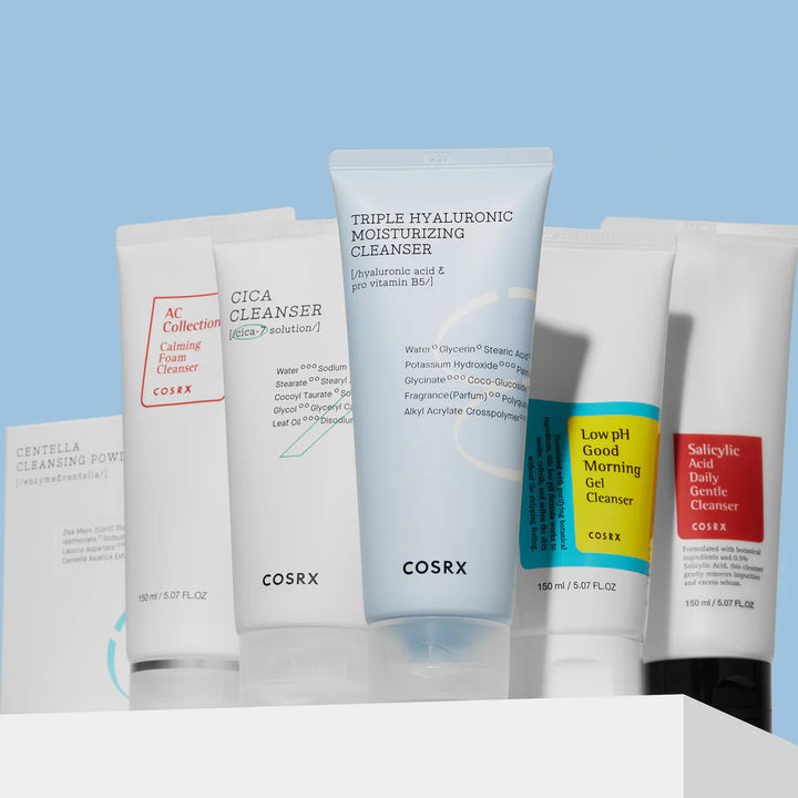 Lineup of COSRX cleansers including Salicylic Acid Daily Gentle Cleanser, Low pH Good Morning Gel Cleanser, Cica Cleanser, AC Collection Foam Cleanser, and Triple Hyaluronic Cleanser