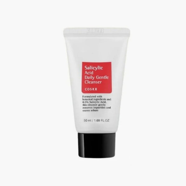 COSRX Salicylic Acid Gentle Daily Cleanser 50ml – White tube with red label and black cap, designed for acne-prone skin.