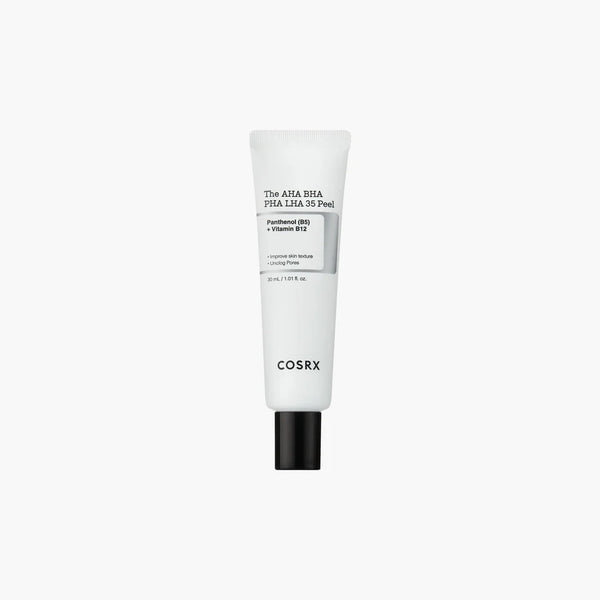 “COSRX AHA BHA PHA LHA 35 Peel 30ml bottle with pink-tinged gel for exfoliation”