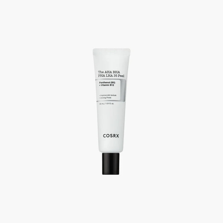 “COSRX AHA BHA PHA LHA 35 Peel 30ml bottle with pink-tinged gel for exfoliation”