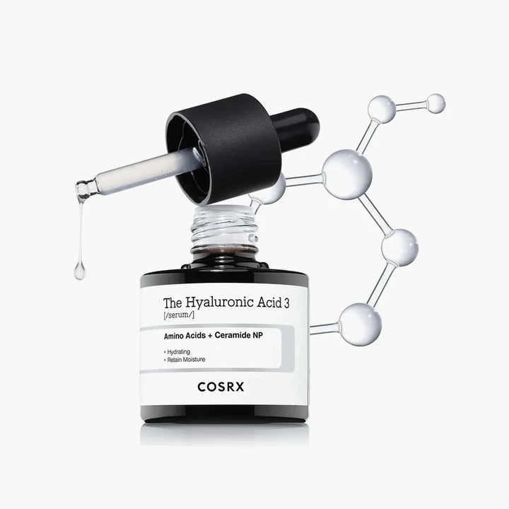 “COSRX Hyaluronic Acid 3 Serum displayed with ceramide and amino acid symbols”
