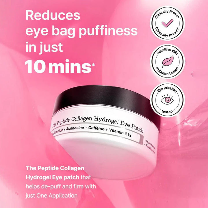 “Jar of collagen peptide eye patches next to skincare routine items (serum, moisturizer)”