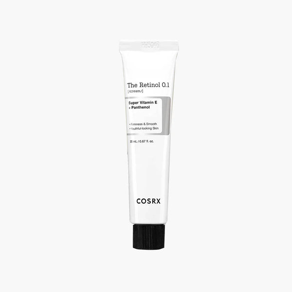 “COSRX Retinol 0.1 Cream with Super Vitamin E & Panthenol 20ml tube on white background”