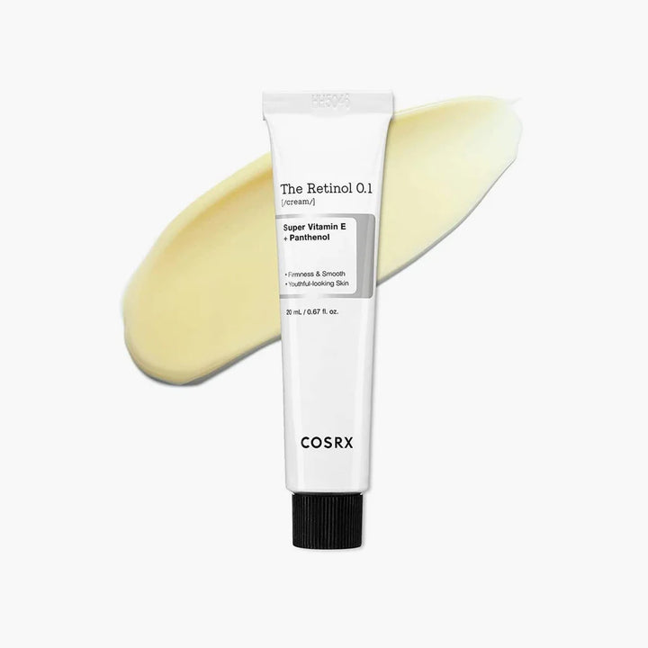 “Close-up of COSRX Retinol 0.1 Cream label showing 0.1% pure retinol formula”