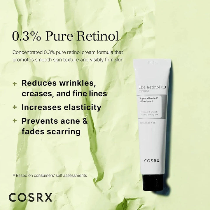 Close-up of COSRX Retinol 0.3 Cream packaging showing 0.3% pure retinol formula