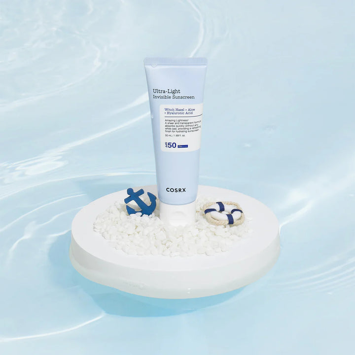“COSRX Ultra-Light Invisible Sunscreen waterproof design – broad spectrum SPF50 protection”