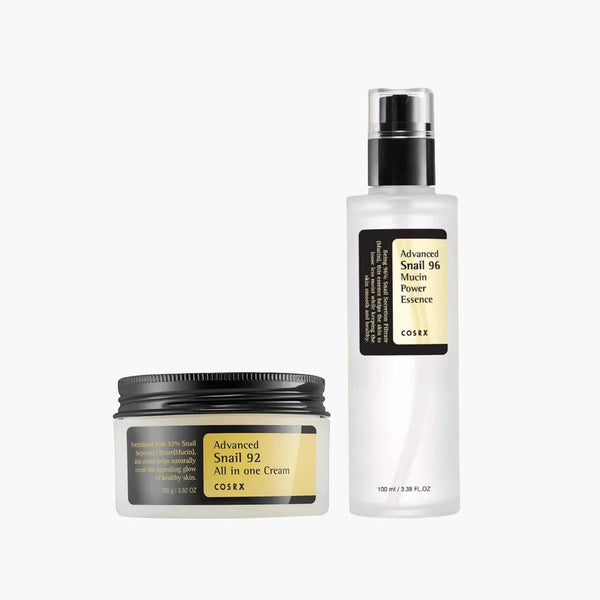 COSRX Viral Snail Duo Power Bundle featuring Advanced Snail 92 All in One Cream and Advanced Snail 96 Mucin Power Essence.