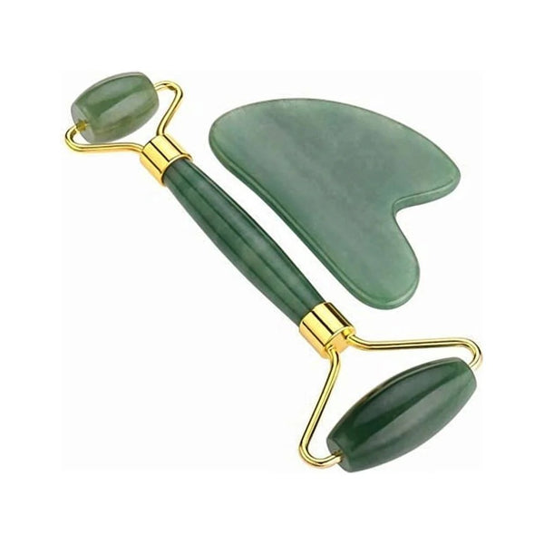 Facial Beauty Guasha Jade Roller Set In Marble - Green