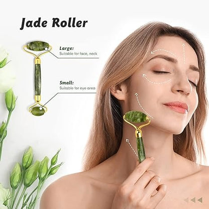 Facial Beauty Guasha Jade Roller Set In Marble - Green